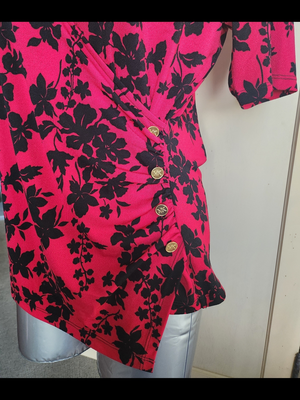 Michael Kors Fuchsia Wrap-Style Blouse with Black Floral Print NWOT - Picture 3 of 5
